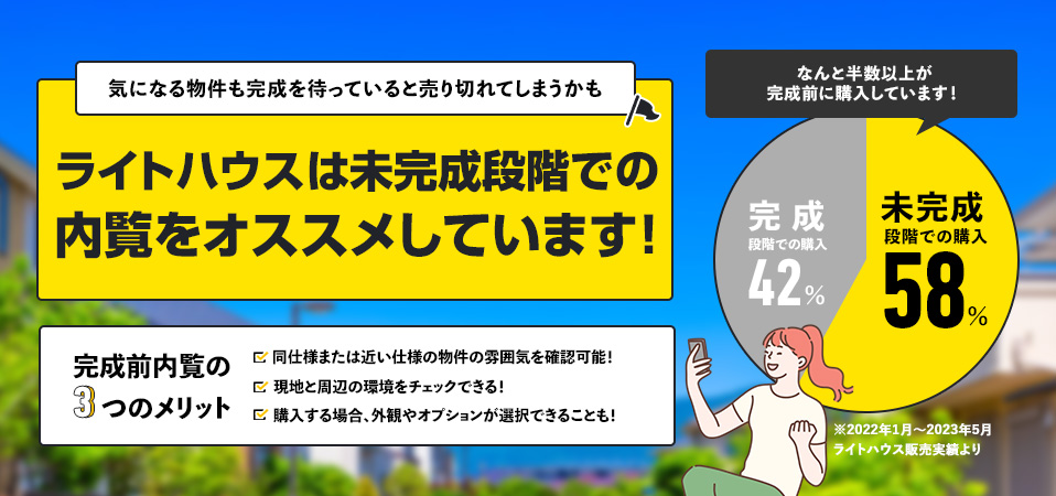 気になる物件も完成を待っていると売り切れてしまうかも ライトハウスは未完成段階での内覧をオススメしています! 完成前内覧の3つのメリット 同仕様または近い仕様の物件の雰囲気を確認可能! 現地と周辺の環境をチェックできる! 購入する場合、外観やオプションが選択できることも!